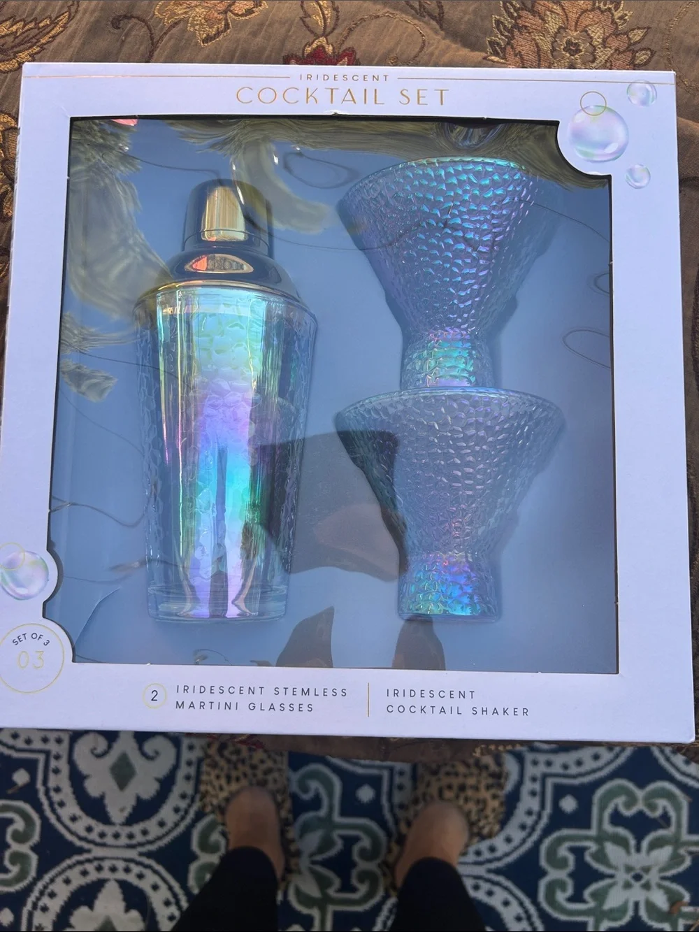 Iridescent Cocktail Shaker & Stemless Martini Glasses Set